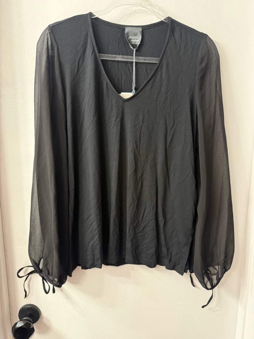 Marina Rinaldi Persona Line Black Long-Sleeve V-Neck Sheer Sleeve Top size 10-12